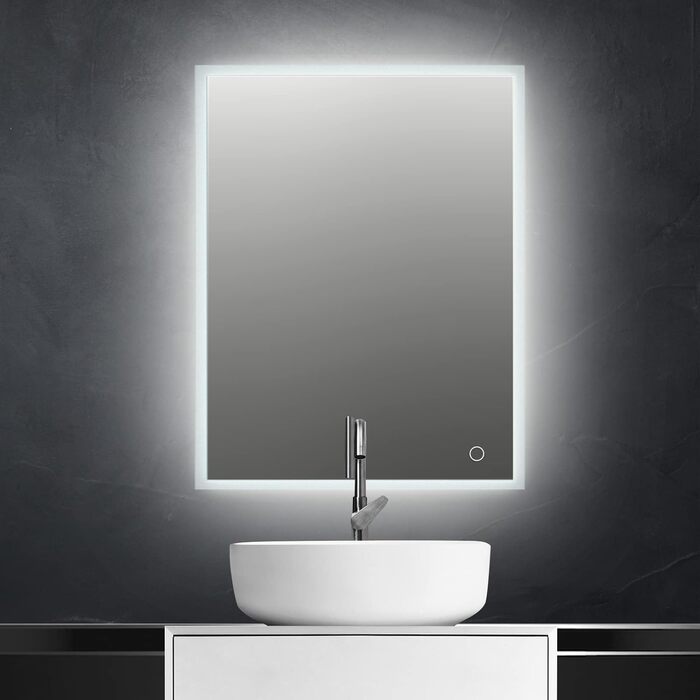 Дзеркало для ванної кімнати Puchika з підсвічуванням, LED-дзеркало 50x70 см, регульоване, тепле/холодне/нейтральне світло 3000-6400K, IP44, A+, сенсорне керування, 3 кольори світла