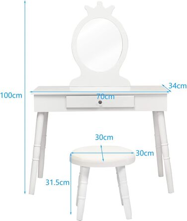 Дитячий туалетний столик GOPLUS з табуреткою, дзеркалом і ящиком, дерев'яний туалетний столик для дитячої кімнати (білий)