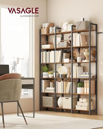 Стелаж VASAGLE з 5 відкритими полицями: для кухні, вітальні, офісу, промисловий дизайн, 24 x 128 x 154,1 см, vintagebraun-tintenschwarz