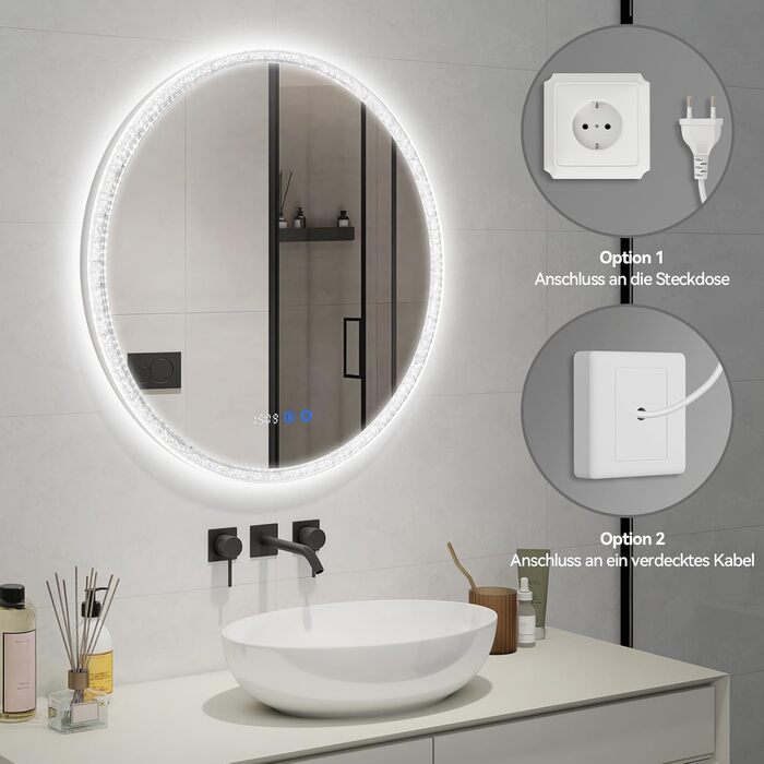 Дзеркало для ванної кімнати YOURLITE з підсвічуванням, діаметр 60 см, LED, 3 кольори, регулювання яскравості, сенсорна кнопка, антизапар, пам'ять, IP44, срібний