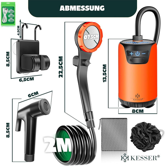 Соняшний душ KESSER® з насосом та акумулятором 8000mAh. Комплект для кемпінгу: регульована лійка, шланг 2м, пістолет-розпилювач, кріплення. Без бака, оранжевий/чорний