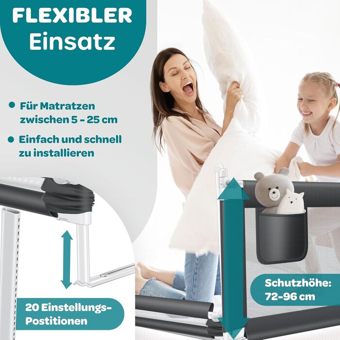 Захисний бортик для ліжка KESSER 180 см сірий: сітка, складаний, регульований, захист від випадання для дітей та малюків