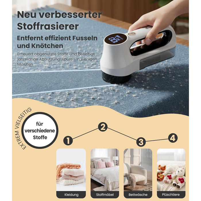 Електричний видалення ворсу CuieTuee з LED, USB-зарядкою, 3 швидкості, 2000mAh - для одягу, білий