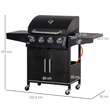 Газовий гриль Outsunny BBQ з 3 пальниками по 3 кВт, мобільний гриль-вагон на 4 колесах, сітка для гриля, бічні столики, редуктор, шланги, шафка, багатофункціональний, метал, чорний, 132,4 см x 55 см x 109 см
