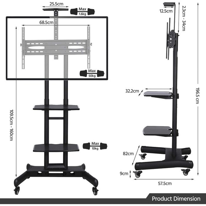 Візок для телевізора Yaheetech 32-65 дюймів VESA від 200x200 до 600x400 мобільний регульований 3 полиці з гальмом