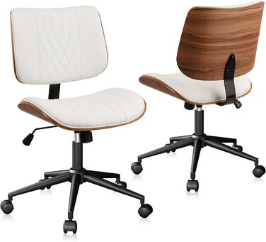 Крісло офісне без підлокітників Clatina з роликами, регульоване по висоті, шкіряне, поворотне, для комп'ютера, середньоспинове, сучасний стиль горіх, для дому/офісу, конференц-залу, білий (2 шт. в наборі)