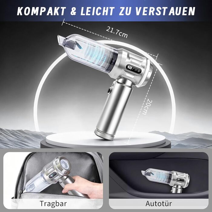 Акумуляторний ручний пилосмок Citybee 4 в 1, бездротовий міні-пилосмок для авто та дому, 25000Па, безщітковий двигун, 3 режими потужності, сріблястий