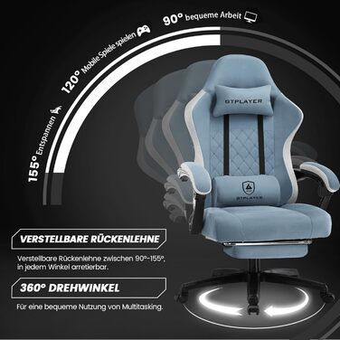 Ігровий крісло LUCKRACER з тканини, комп'ютерне крісло для офісу з підніжкою, racing крісло геймерське, до 150 кг, регулювання спинки 90-135°, ергономічне, 360° обертання, світло-блакитний колір