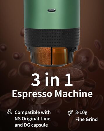 Портативна електрична кавомашина Everange для еспресо, приготування кави з меленої кави та капсул NS, зелена з LCD-дисплеєм