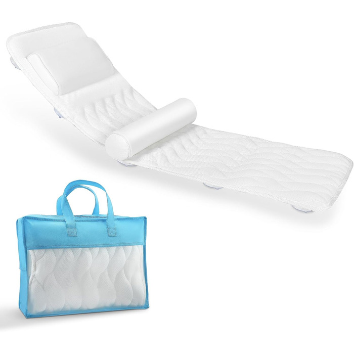 Килимок для ванни з подушкою для тіла 123x40 см, для зросту 160-180 см, швидковисихаючий, для підтримки голови, шиї та спини