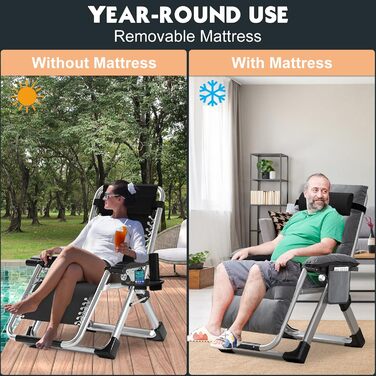 Лежак для відпочинку MOPHOTO Zero Gravity - розкладний, 200 кг, з подушкою та кишенею, для саду, балкону, тераси (сірий)