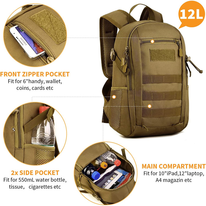 Міні-рюкзак HUNTVP 12L/ 15L/ 20L, тактичний похідний рюкзак, шкільна сумка Molle, водонепроникний рюкзак, шкільний рюкзак військового зразка, Студентська сумка, спортивна сумка, сумка для ноутбука для чоловіків і жінок, сумка для занять спортом на відкрит