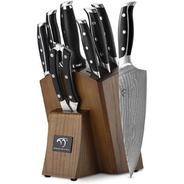 Набір кухонних ножів NANFANG BROTHERS 9 предметів з дамаської сталі та дерев'яною підставкою (сірий/коричневий)