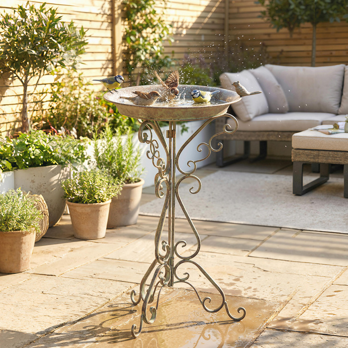 Вінтажна годівниця для птахів Vogelbad з фігуркою птаха та декоративною підставкою, зелена