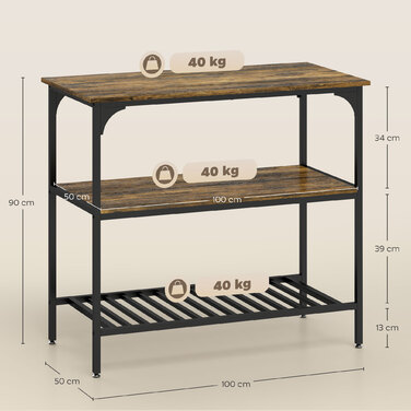 Стелаж для кухні Bäckerregal, 3-ярусний з металевим каркасом, у стилі рустикального коричнево-чорного кольору