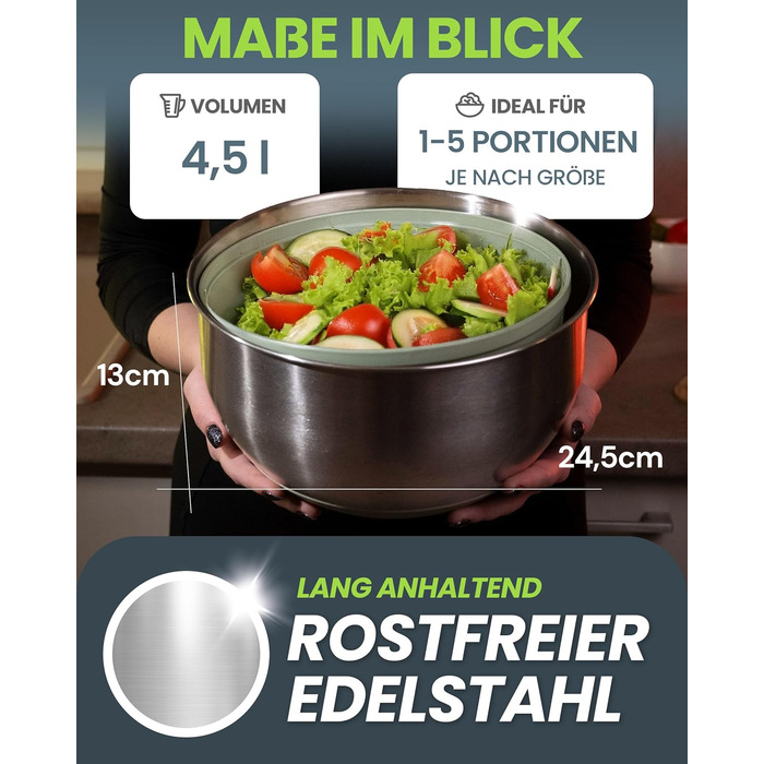 Салатниця-швидкокрутка VELVOMAX 6в1 з нержавіючої сталі, 4.5L - 6 функцій: нарізник овочів, сервіровочна чаша та спіннер для салатів. Можна мити в посудомийній машині, з антиковзним дном та кришкою. Ідеально для любителів готувати.