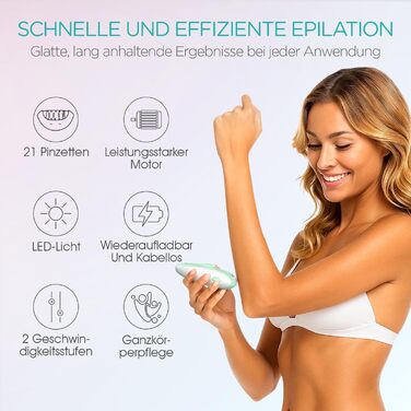 Електричний епілятор для жінок HR110 з 21 пінцетом та LED-підсвіткою, бездротовий пристрій для видалення волосся на ногах та руках, 2 швидкості, світло-зелений