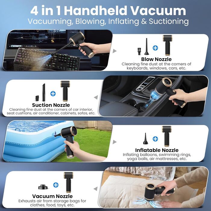 Акумуляторний ручний пилосос для авто та дому 4 в 1, потужність 15000Па, безмішковий з мийним HEPA-фільтром, модель B3