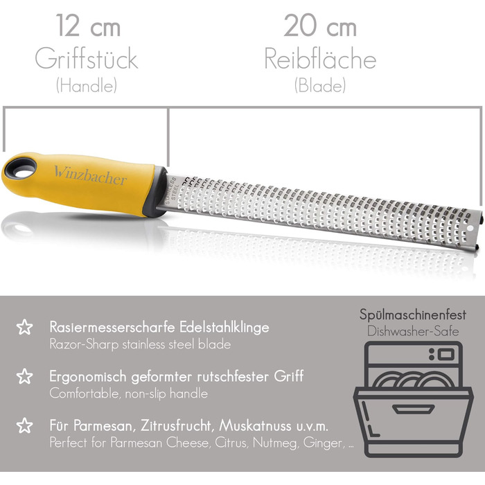 Терка Winzbacher - Преміум Zester Я Терка для сиру пармезан, терка для лимона, терка для мускатного горіха, терка для імбиру і багато іншого. Я лезо з нержавіючої сталі з гострим як бритва лезом я можна мити в посудомийній машині я в комплекті. Щіточка дл