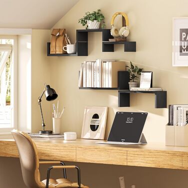 Полиця настінна SRIWATANA біла 5 шт., дерев'яна, плаваючі полиці до 40 кг, сучасна настінна полиця для декору, DIY монтаж для вітальні, ванної, спальні, офісу, кухні (Чорний)