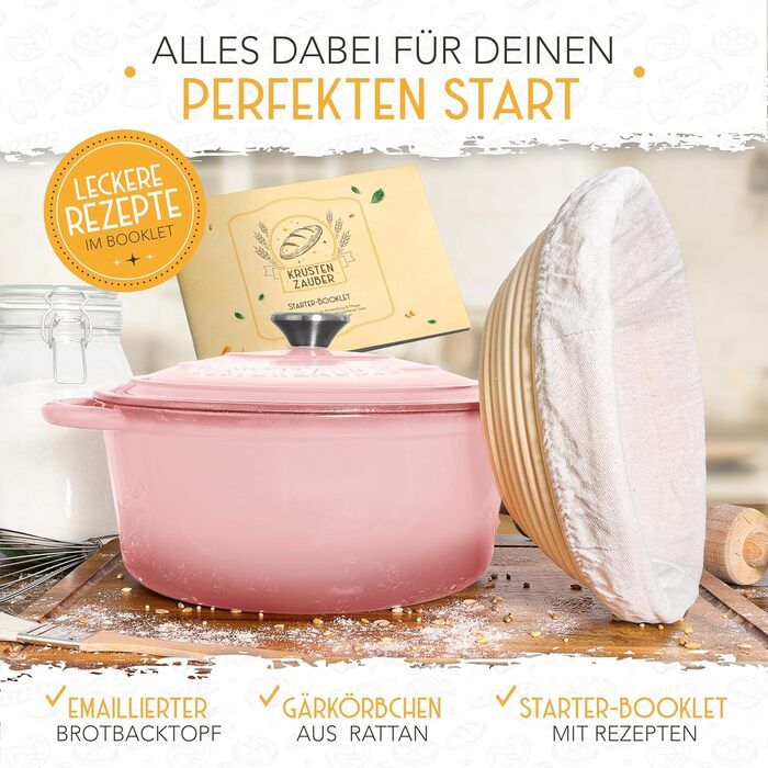 Чавунний горщик для випікання хліба з емальованим покриттям KRUSTENZAUBER (26 см) з кошиком для підйому тіста - аксесуари для випічки