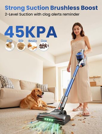 Бездротовий пилосос Dzaki 45000Pa з акумулятором, Smart-дисплеєм, функцією паркування та антизаплутанащістю для килимів, твердих поверхонь, шерсті тварин та авто (блакитно-сірий)