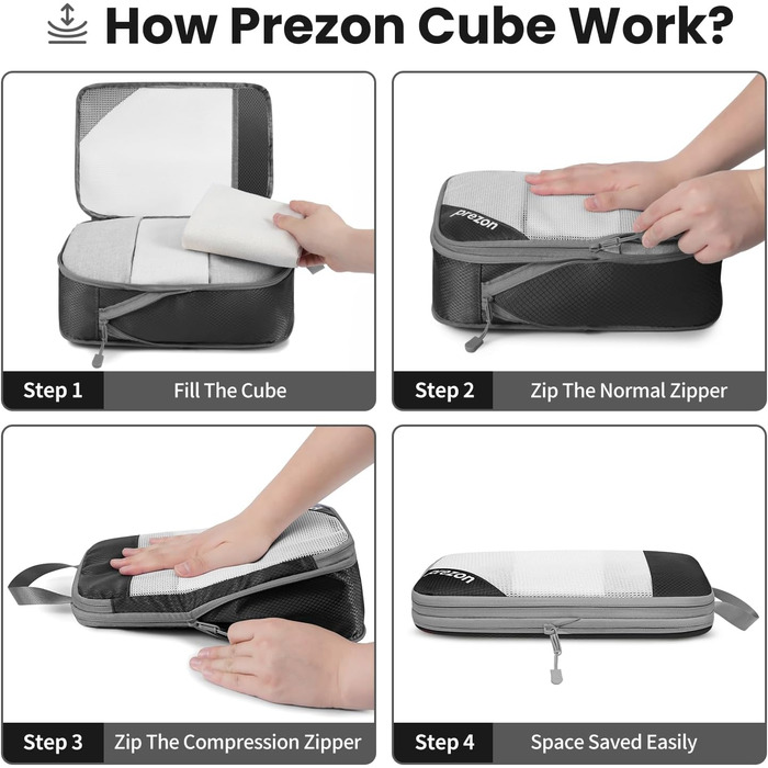 Набір компресійних органайзерів для одягу в подорож 6 шт, прозорі пакувальні куби для валізи, легкі та міцні органайзери для багажу, чорні