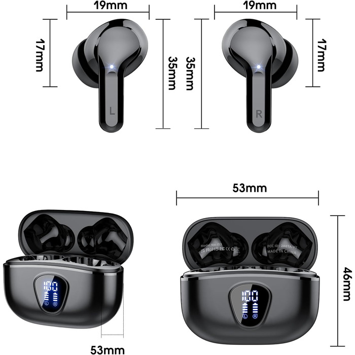 Навушники Bluetooth, Бездротовий у вусі, Шумозаглушення, HiFi стерео, 40 год, Світлодіодний дисплей, IP7, Сенсорний, Чорний