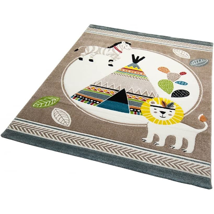 Килим-мрія для дитячої кімнати, килимок для ігор, намет для індіанців, лев, зебра, кактус, розмір (160x230 см, бежево-синій, кремово-коричневий)