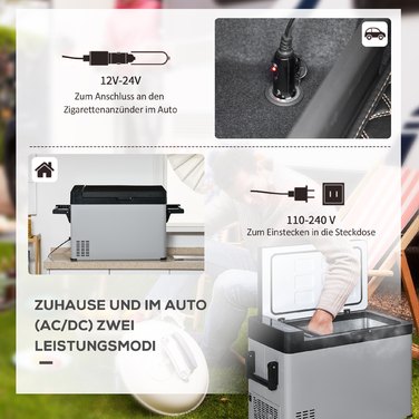 Холодильник автомобільний Outsunny Kühlbox 50L з LCD-дисплеєм, 2 режими роботи, компресорний, з ручками, для кемпінгу, подорожей на човні, 12/24V DC та 110-240V AC, сірий+чорний