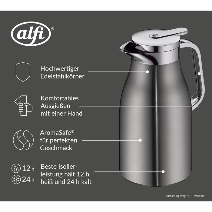 Термос Alfi SKYLINE 650ml Cool Grey Mat з нержавіючої сталі з скляним вкладишем, з кришкою-поворотом та зручною кнопкою, ергономічна ручка, для кави, 650 мл