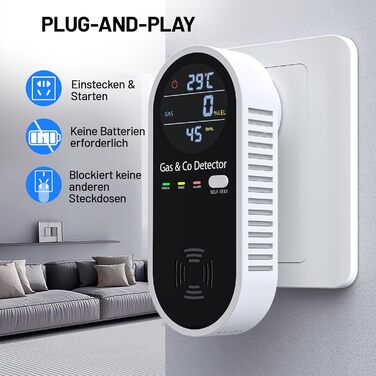 Датчик газу та CO з акустичним сигналом YOJOCK 4-в-1, вимірювач CO, датчик температури та вологості, газовий сповіщувач, самотестування, для дому та офісу, білий