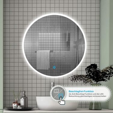 LED дзеркало для ванної кімнати Aica Sanitär, кругле, 50 см, з підсвічуванням (холодне/нейтральне/тепле світло), диммування, функція пам'яті, сенсорне управління, запобігання запотіванню, автоматичне вимкнення