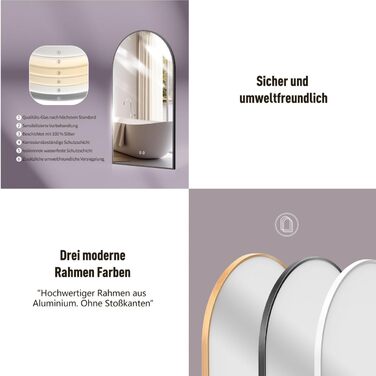 Дзеркало для ванної кімнати LED HOKO Design Turin, овальне, 45x75 см, матовий чорний каркас, сенсорне керування, світлодіодне підсвічування, зміна кольору світла (тепле/холодне/нейтральне), антизапарювання