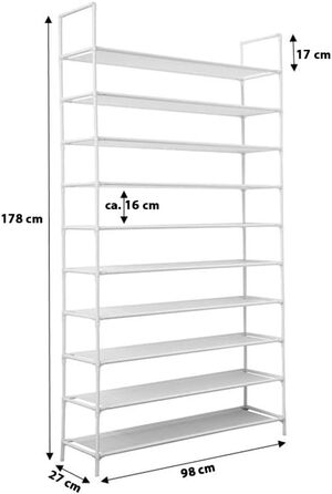 Підставка для взуття XXL - 50 пар взуття - 10 рівнів - 178x100x29,5 см - Регульована по висоті, водонепроникна