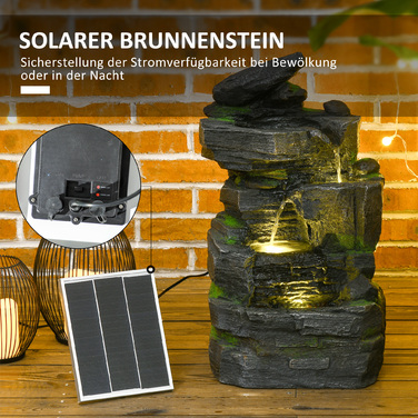 Сонячний фонтан Outsunny з LED-підсвічуванням для вулиці 34 x 28 x 57 см, стійкий до погодних умов та екологічний, 4 ступені циркуляції води, штучний камінь сірого кольору