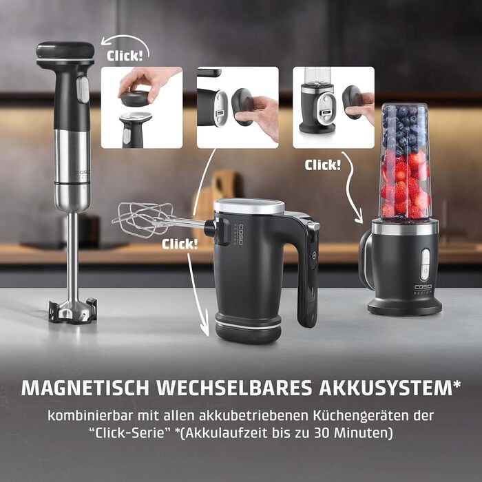 CASO Click & Mix: Бездротовий міксер з акумулятором для тіста, збитих вершків та соусів. 8 швидкостей (600-1200 об/хв)