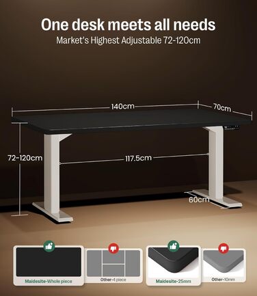 Регульований стіл MAIDeSITe S2 Pro (160x80 см) з електроприводом, чорний, білий каркас, 160 кг, захист від зіткнення