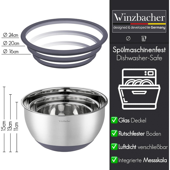 Набір мисок з нержавіючої сталі з кришками [3 шт.] 1л + 2.5л + 4.5л | Миски для перемішування, салатники, набір мисок | Нековзні, складаються, придатні для миття в посудомийній машині