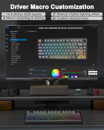 Механічна клавіатура AULA F75 PRO для геймінгу: бездротовий підключення 2.4GHz/BT5.0, Hot-Swap, QWERTY, сірий колір з градієнтом, 75%