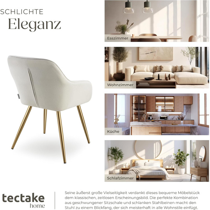 Тектейк® Крісло-стілець з підлокітниками, м'яке, обтягнуте тканиною Cord, для вітальні, їдальні, кухні, офісу - (1 шт., кремовий/золотий)