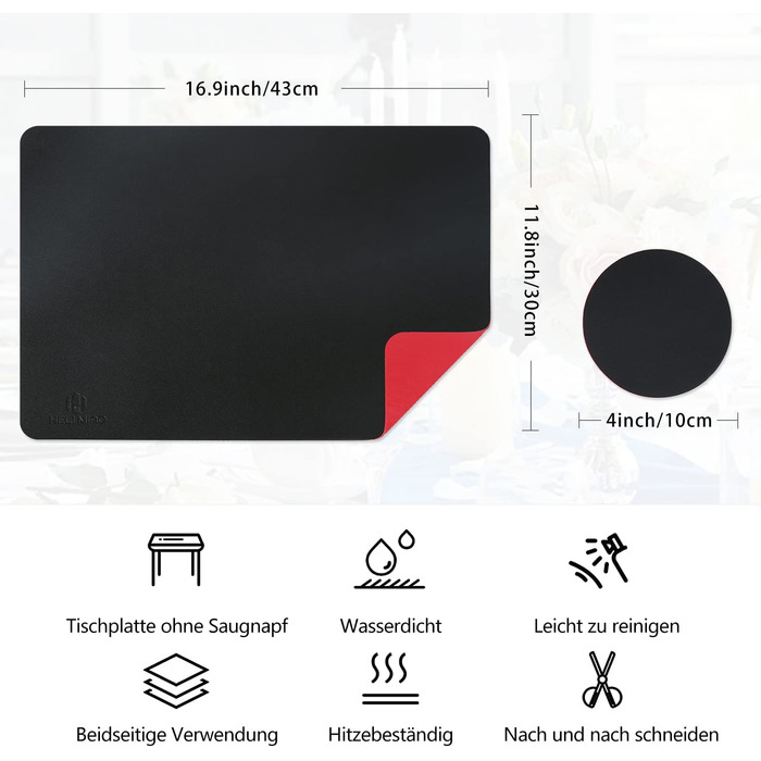 Набір підкладок під тарілки HELI MIAO, 4 шт., 43x30 см, шкіряний ефект, червоно-чорний колір, водонепроникні, термостійкі