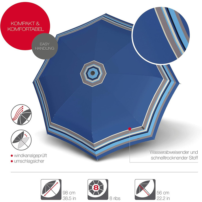 Складна парасолька Knirps T.200 Duomatic Відкривання-закривання Автоматичне Складне Штормозахисне Вітрозахисне Синє Смугасте