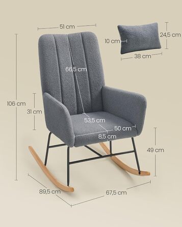 Крісло-гойдалка SONGMICS HOME з підлокітниками, для вітальні та спальні, сірий, до 136 кг, LYY500G01