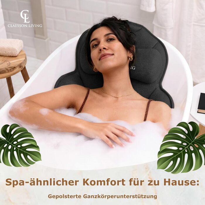 Подушка для ванни повномірна (152x56 см) з підголівником (11 см) чорного кольору – підтримка шиї, спини та ніг. Зі сумкою для прання та подорожей, гачком для сушіння.