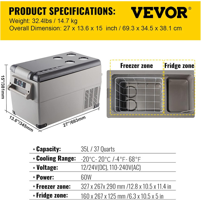 Автохолодильник VEVOR 35л нержавіюча сталь 12/24V, 220V: портативний компресорний міні-холодильник для авто, вантажівок, кемпінгу (-20°C до +20°C)