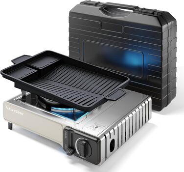 Газовий наметний газовий нагрівач Gaskocher з 1 пальником, Piezo-запалюванням та грилем BBQ 38 см, 2.2 кВт