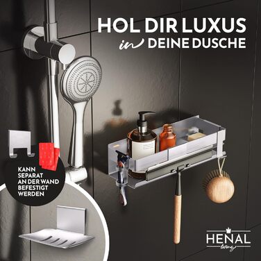 Набір для зберігання в душі Henal 5 в 1: поличка, тримач для бритви, для скребка, мильниці та гачка. Нержавіюча сталь, матове покриття, без свердління. Організатор для ванної кімнати XXL
