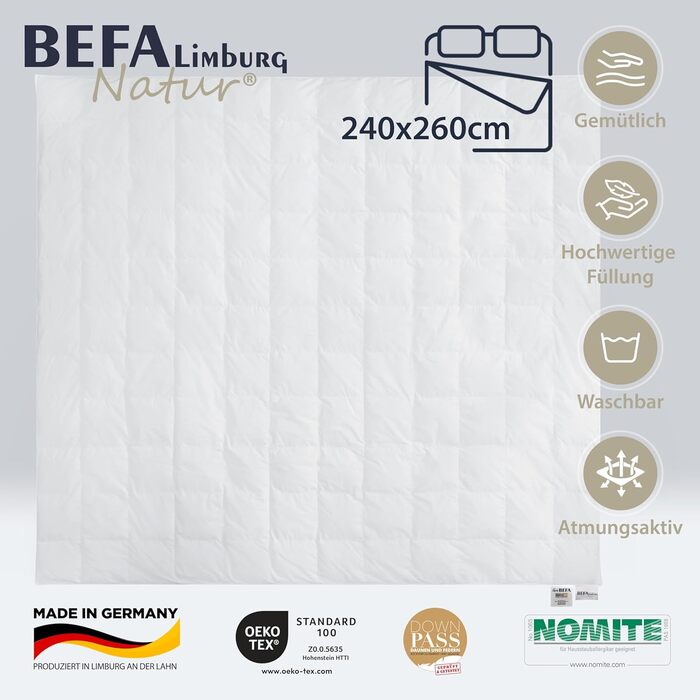 Пухова ковдра BEFA NATUR Reine Daunendecke 35x200 см, 560г, для алергіків, Made in Germany