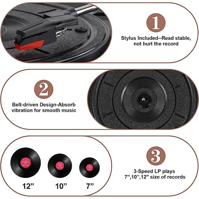 Bluetooth вініловий програвач із вбудованими динаміками, підтримка USB, RCA виходу, AUX, навушників, автостоп, 3-швидкісний ремінний привід, портативний фонограф для розваг і декору